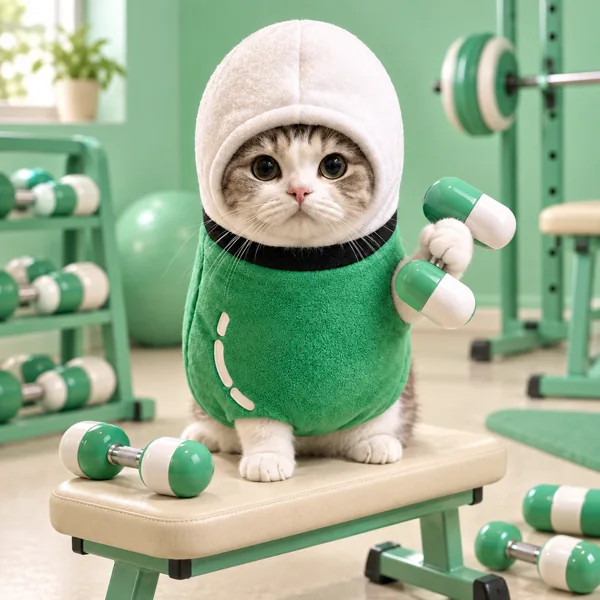Capsule cat at a tiny mint-green gym with capsule dumbbells