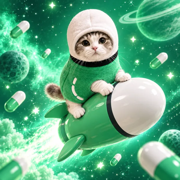 Capsule cat riding a toy capsule rocket through mint-green space