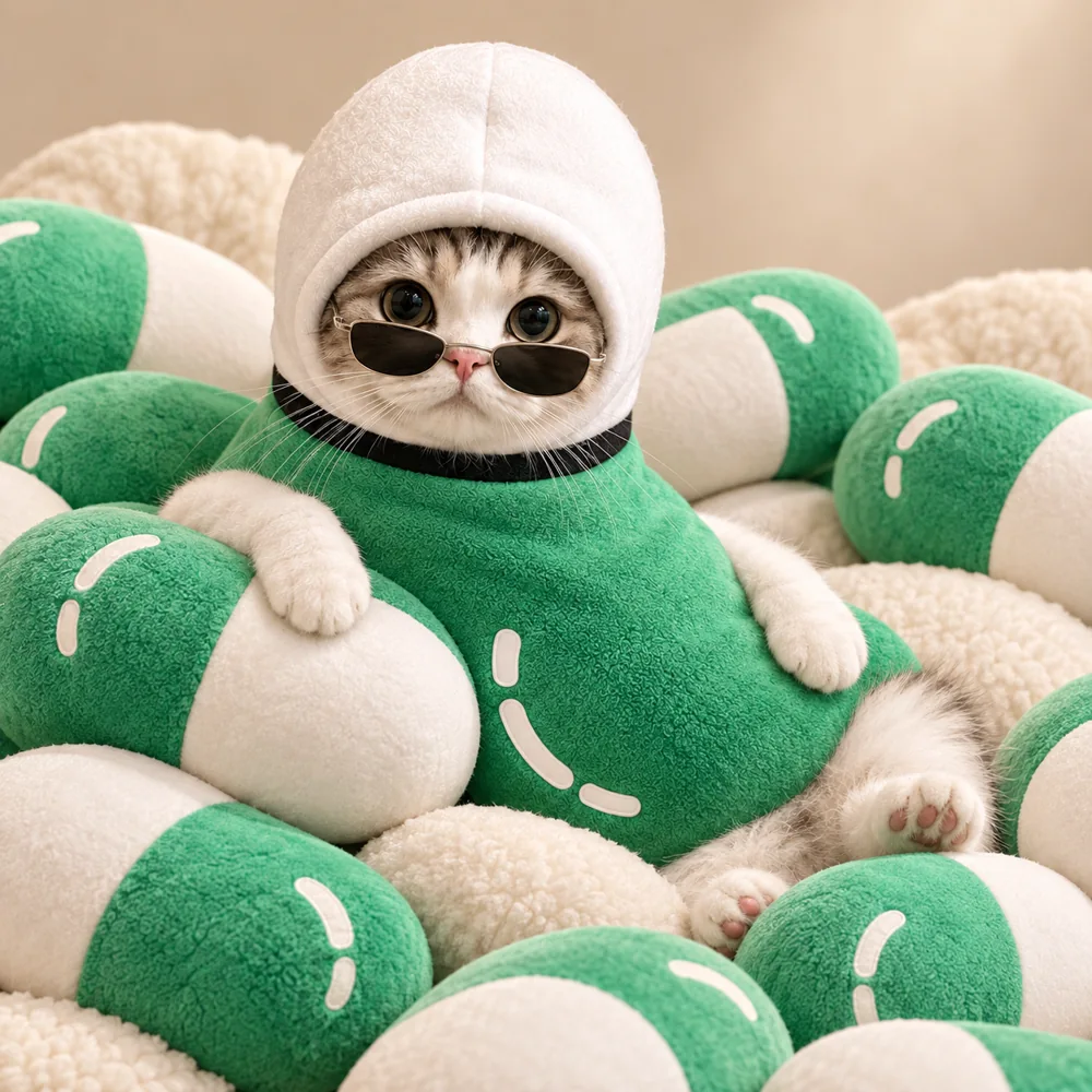 Capsule cat in sunglasses lounging on plush cushions